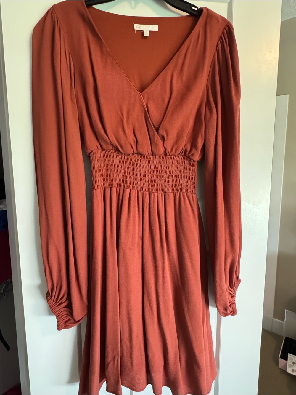 Gianni Bini Burnt Orange Long Sleeve V-Neck Smocked Waist Dress